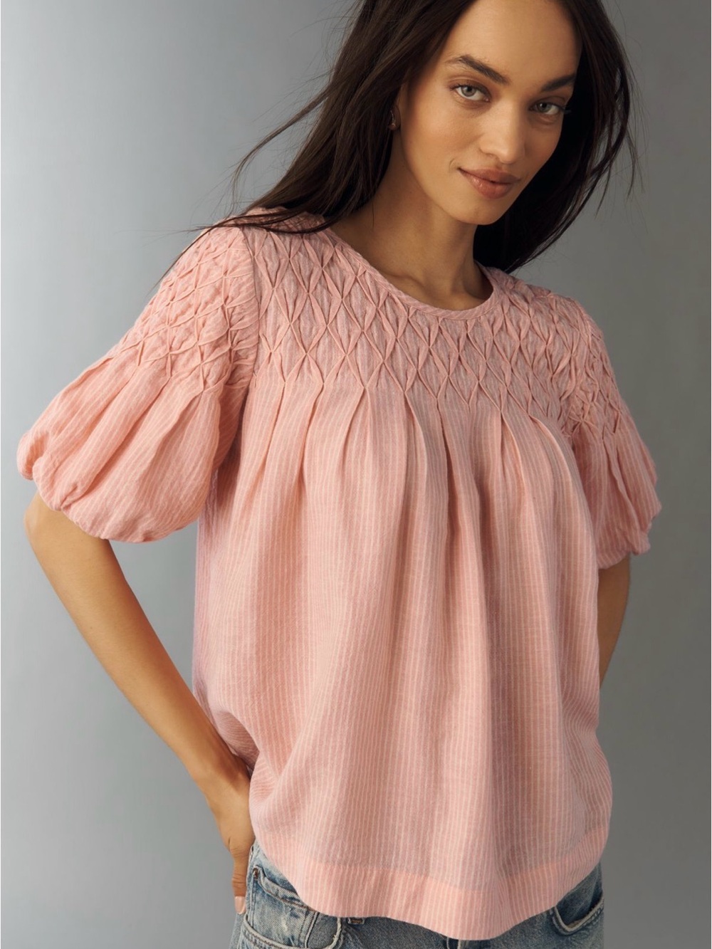 Anthropologie Black The Liza Puff-Sleeve Smocked Linen Top(runs big)